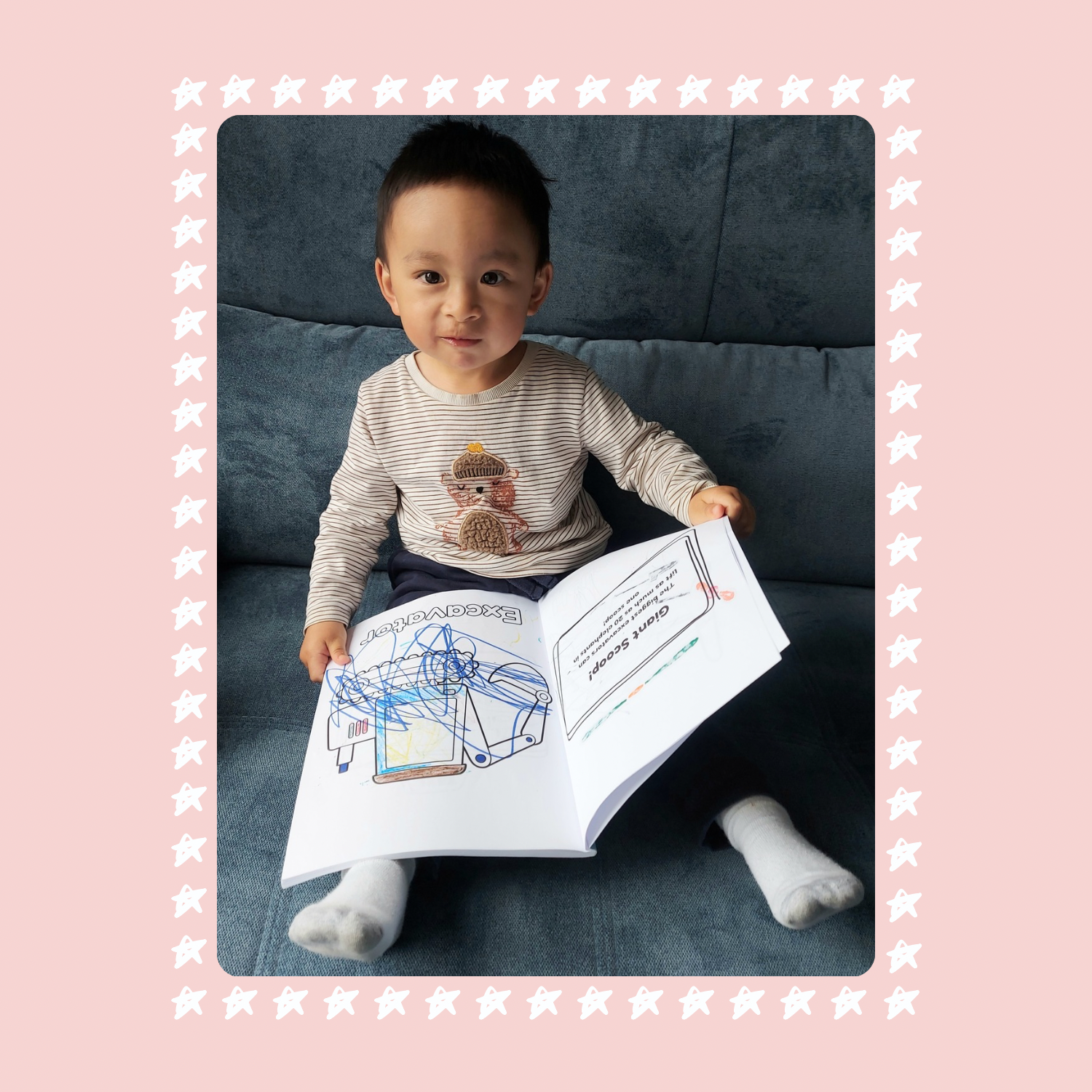 About section 2 Toddler holding a Scribble and Giggle colouring book for kids