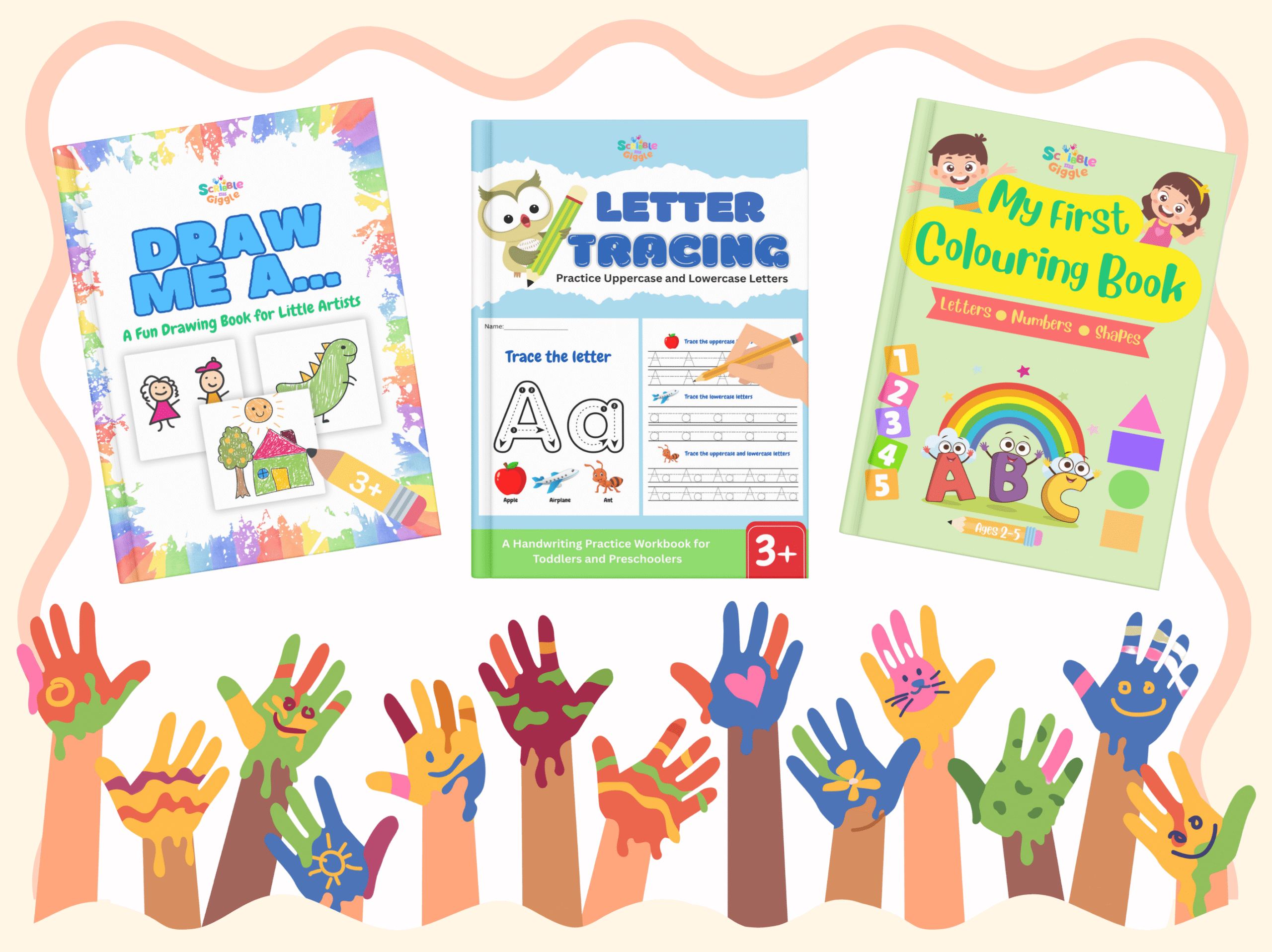 Front cover of book products and children’s drawings and kids hands with paints