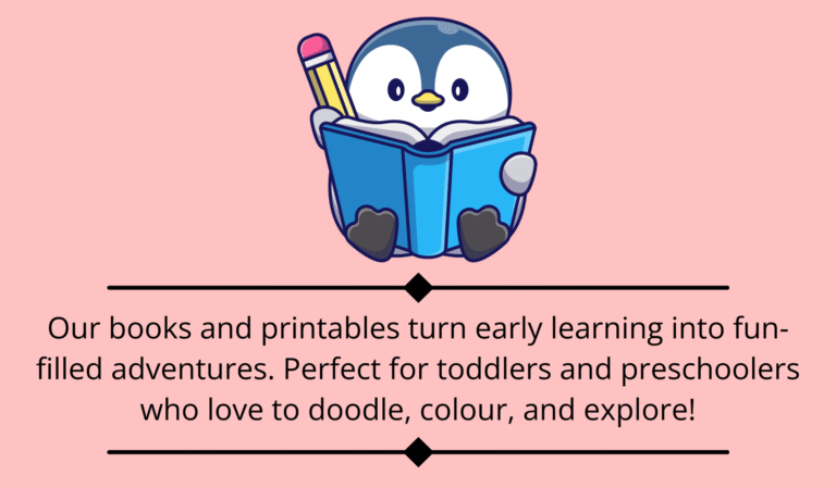 Brand’s tagline and a cute penguin character holding a book