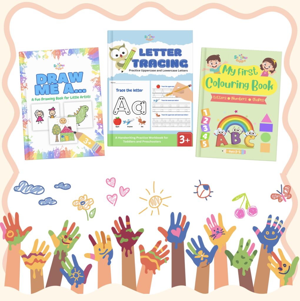 Front cover of book products and children’s drawings and kids hands with paints
