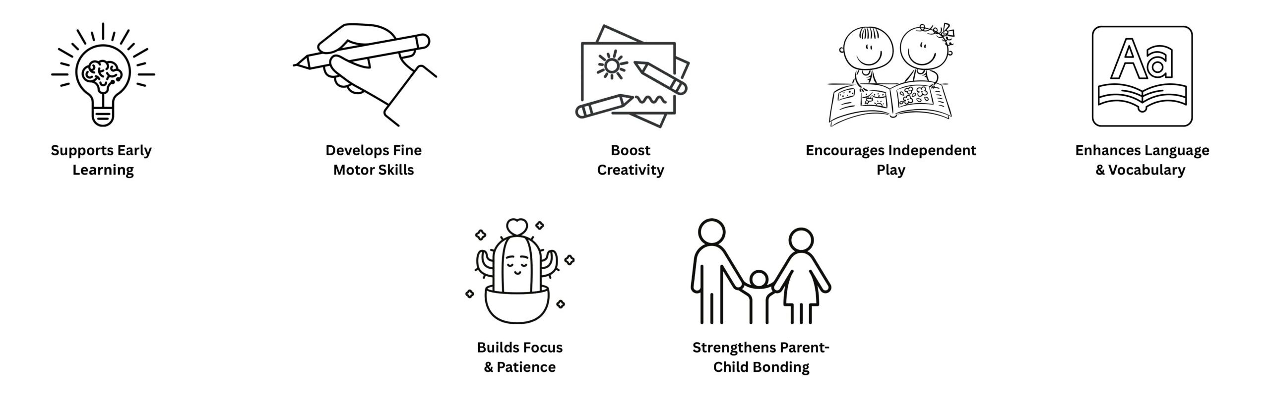 Illustration highlighting the benefits of Scribble & Giggle books for toddlers and preschoolers, including creativity, fine motor skills, and early learning