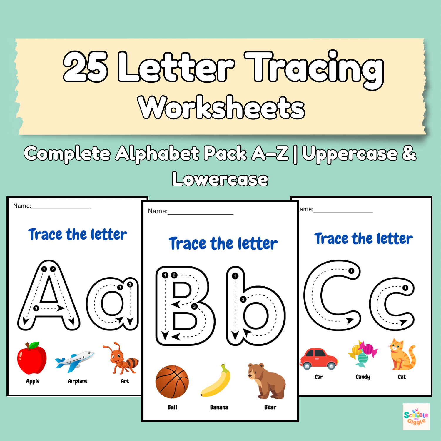 25 letter tracing worksheet. A complete A-Z Alphabet Pack | uppercase and lowercase letters printable learning resources for kids