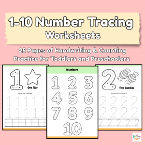 1-10 Number Tracing Printable Worksheets. A handwriting and counting practice for toddlers and preschoolers