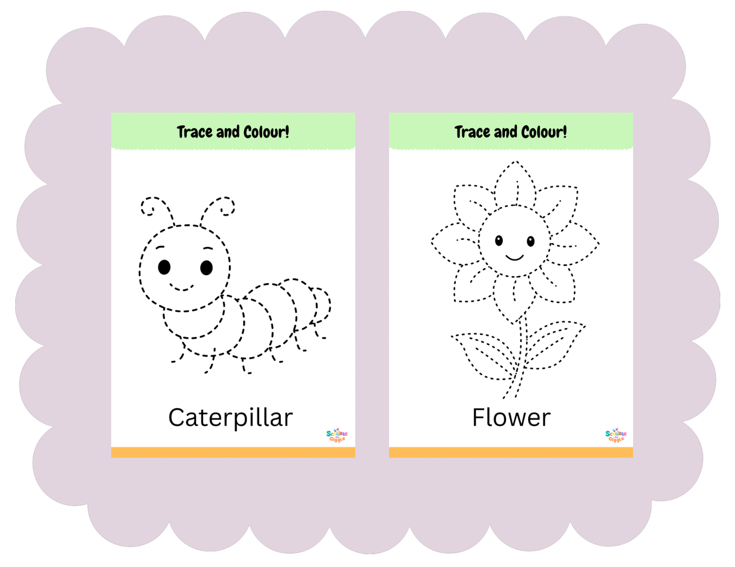 Dotted image of a caterpillar and a flower for kids to trace and colour