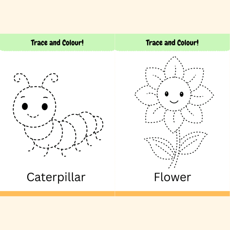 Tracing Patterns and Numbers Content 3 Dotted image of a caterpillar and a flower for kids to trace and colour