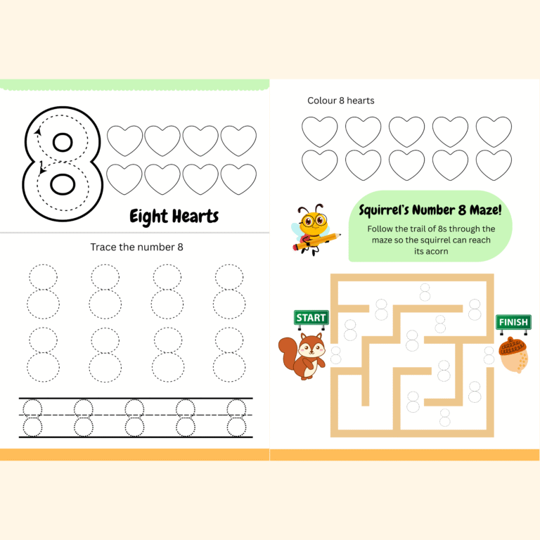 Tracing Patterns and Numbers Content 4 Number 8 with 8 hearts for kids trace and colour, and a maze activity