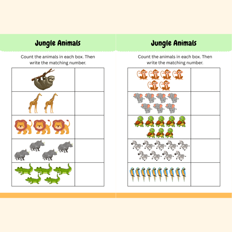 Tracing Patterns and Numbers Content 5 Jungle animals counting activity worksheet for preschoolers. Children count the animals in each box and write the matching number