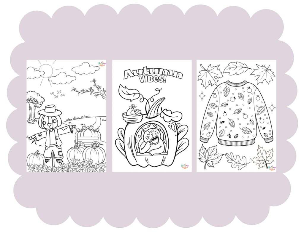 3 Autumn-themed colouring pages, free printable