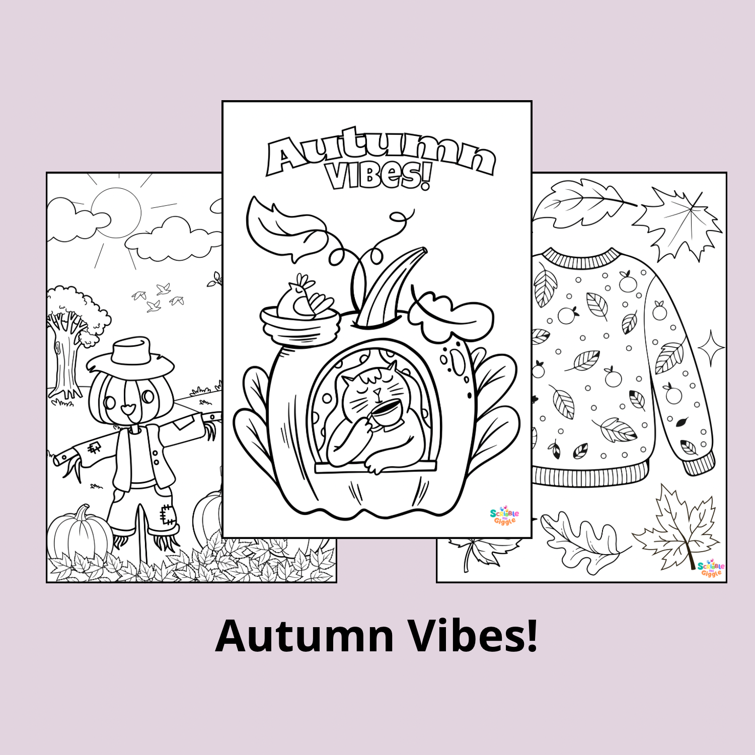3 Autumn-themed colouring pages, free printable