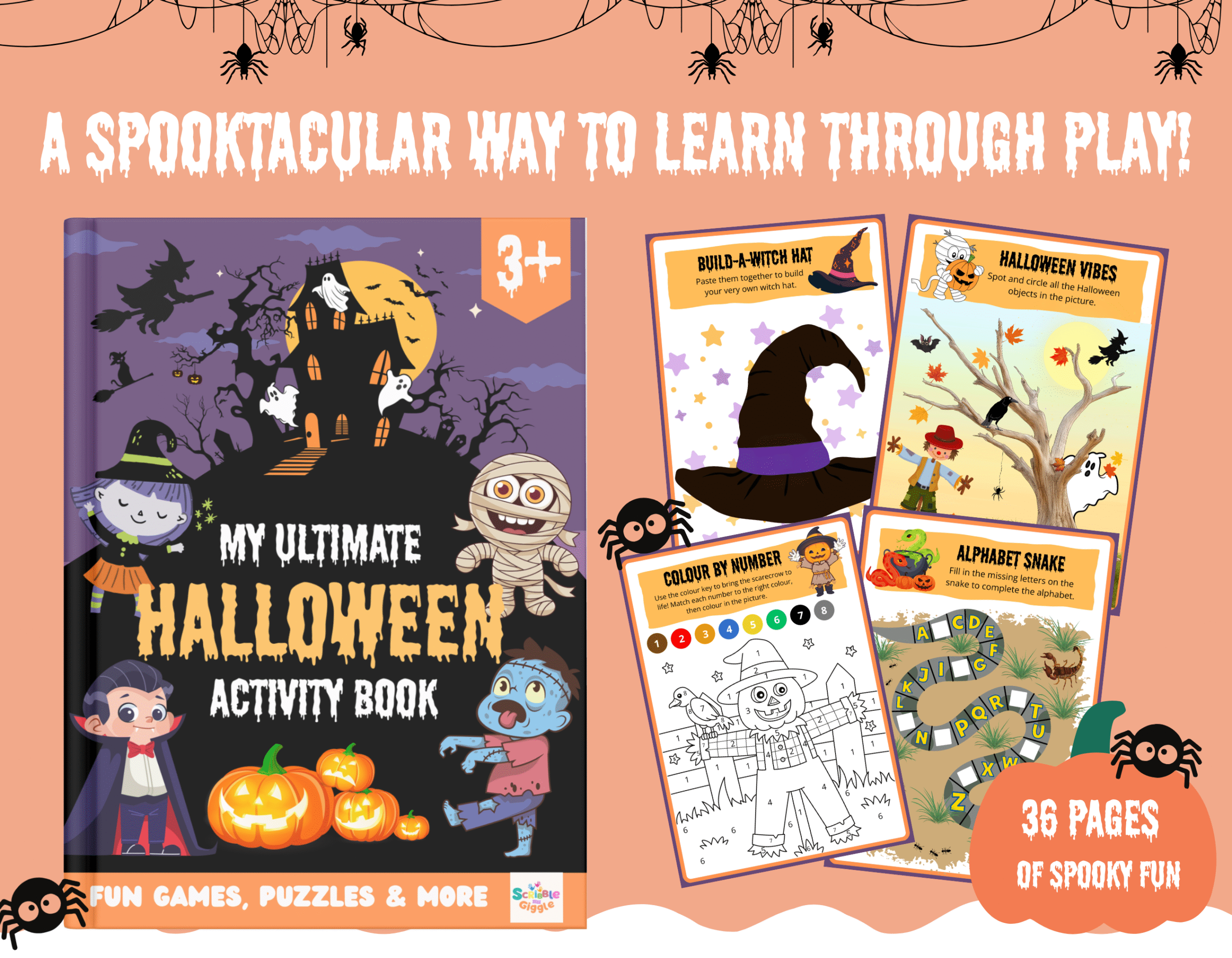 Colourful banner showing My Ultimate Halloween Activity Book — a spooky and educational workbook for children ages 3–7.