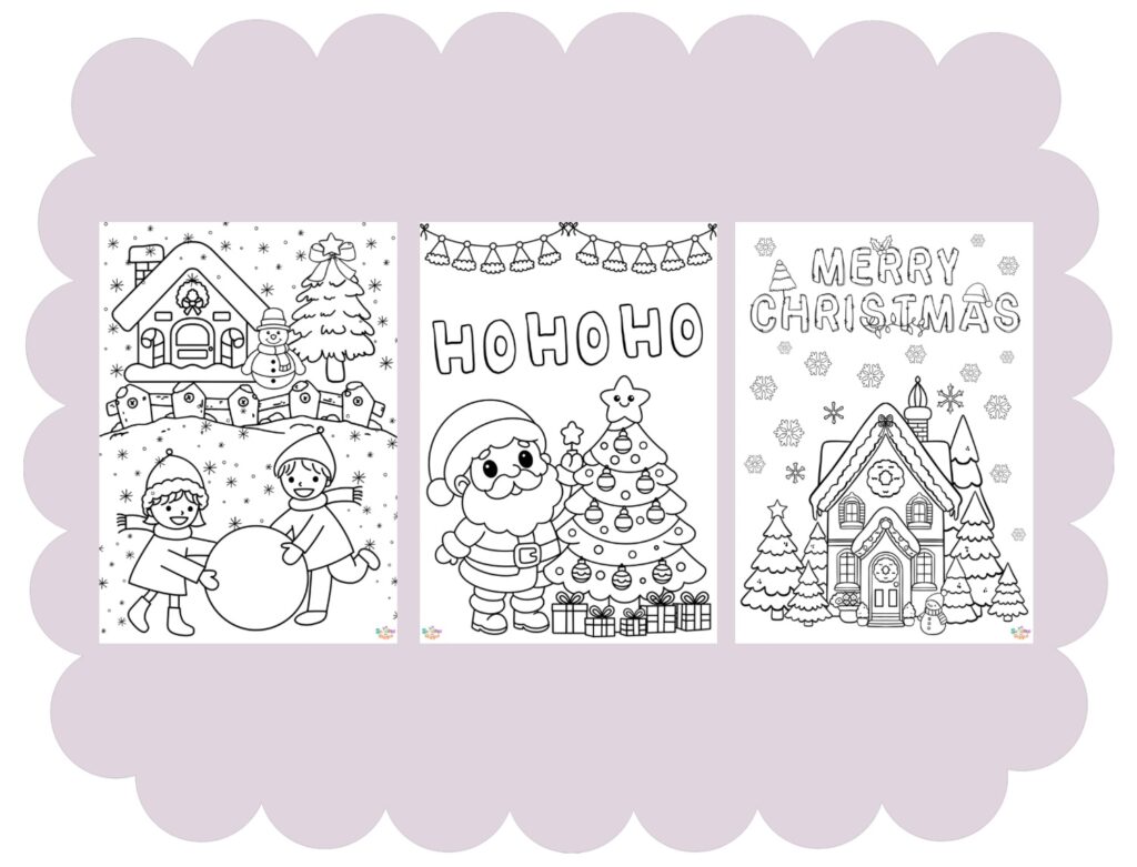 3 Christmas-themed colouring pages for kids